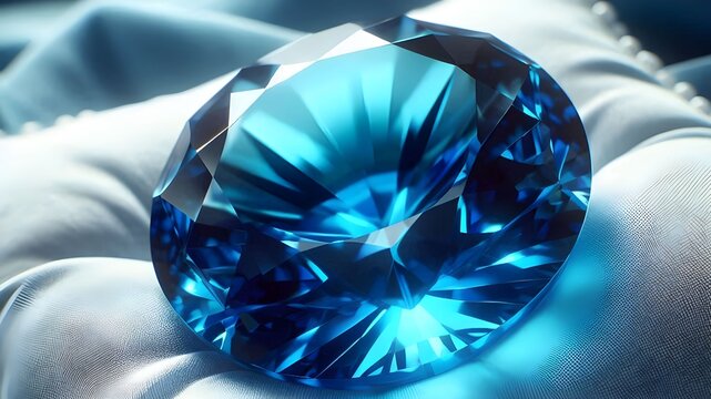 blue big shiny jewelry on a pink soft silk sofa, sunlight enters with reflections