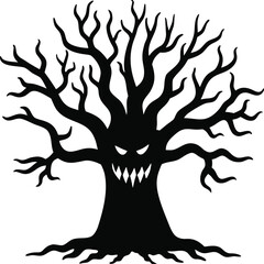 Evil Haunted Tree Silhouette for Halloween Vector Design, Scary Halloween Tree Vector, Haunted Tree Clipart Design, Spooky Forest Tree Silhouette