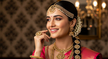 A beautiful indian bride smiles wearing traditional gold jewelry and sari