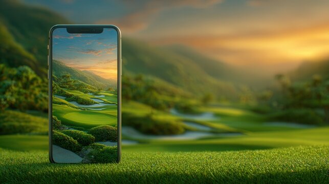mobile phone, on the phone screen is a image of a golf course fairway, with sandtraps, green  