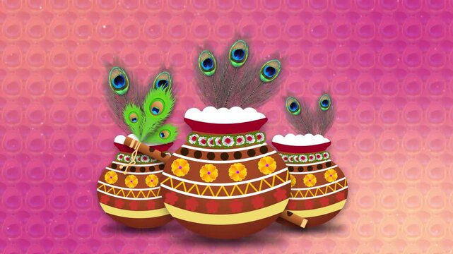 janmashtami animation on peacock feather background. indian traditional janmashtami ( lord Krishna's birthday ) festival celebration.