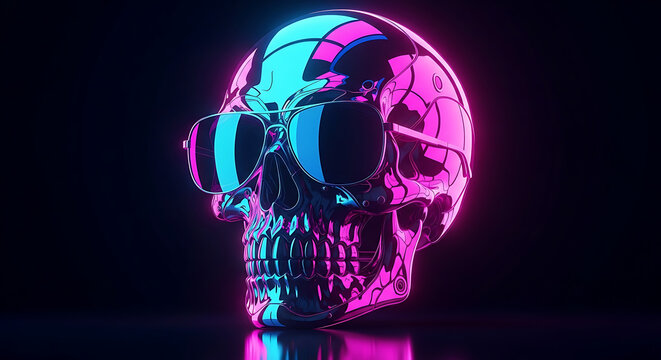 Neon Skull with Sunglasses on Dark Background