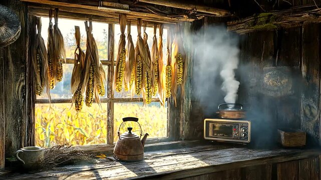 Cozy rustic kitchen with hanging corn, steaming pot, and kettle near a sunny window view