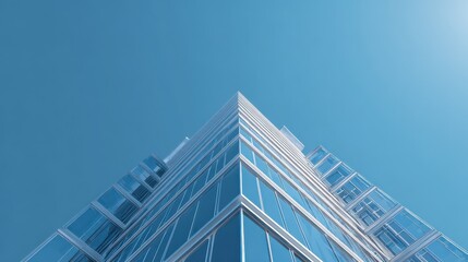 Obraz premium Tall modern building stretches upward, sunlight from top. Blue-tinted windows reflect clear sky
