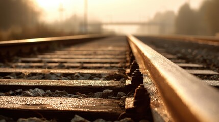 Close-up of railway tracks with a sunset background and distant blurred landscape.