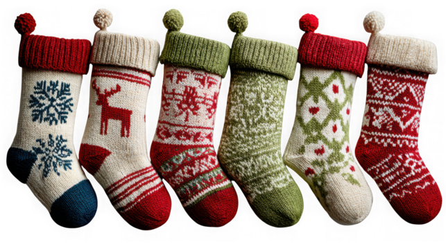 A row of six festive christmas stockings with various patterns isolated on transparent background - Powered by Adobe