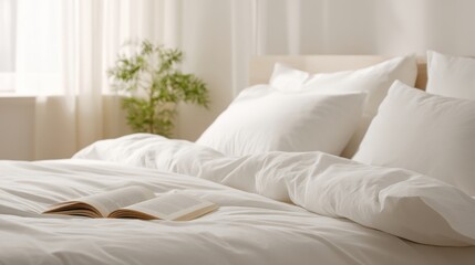 Bright bedroom with large bed white linens pillows and natural sunlight streaming in.