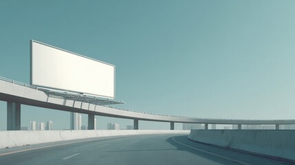 Modern empty curved highway with large billboard and clear sky during daytime.