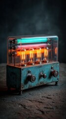 A vintage-style neon light device with glowing orange and blue tubes encased in a transparent rectangular cover on a textured surface.