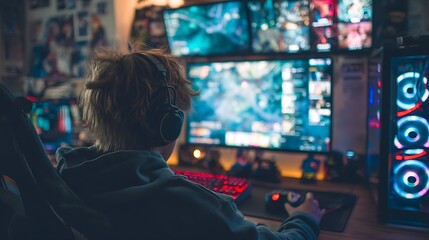 Obraz premium teen boy sitting at a gaming desk with colorful LED lights, wearing headset, intensely playing video games on a computer, modern tech youth lifestyle photography 