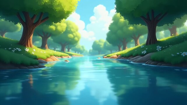 Convey peace natural beauty via hand drawn 4K cartoon river scene where gentle currents reflect soft light amid lush foliage crafting tranquil animated setting ideal nature education mindfulness apps
