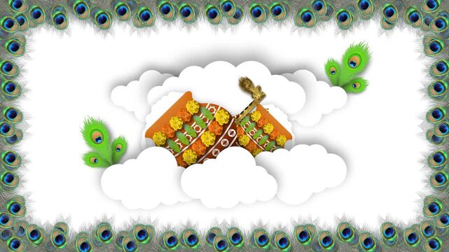 janmashtami moving dahi handi, flute and peacock feathers in clouds on white background with peacock feathers frame.