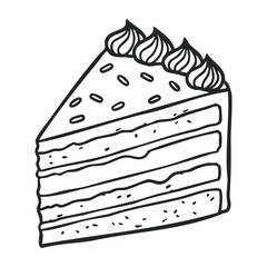 Black and white slice of layered cake with frosting and sprinkles. Hand drawn vector illustration