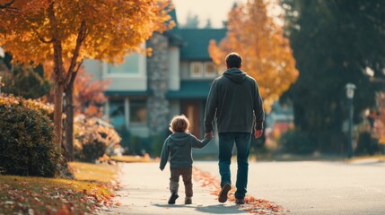 Man and young child walking hand in hand in autumn park with colorful trees and residential background.