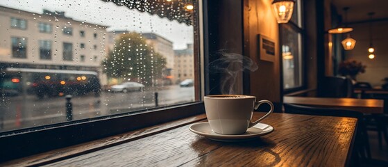 Cup of coffee on wooden table by window on a rainy day in a cafe shop