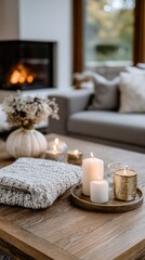 Warm lighting fills a cozy living room with a decorated fireplace, pumpkins, and a relaxed seating area perfect for gatherings