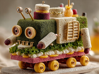 A whimsical food sculpture of a robot made from sandwiches and other edibles
