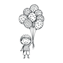 Happy child holding balloons line art. Hand drawn vector illustration