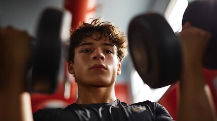 teenage boy lifting weights in a modern gym, focused expression, wearing athletic sportswear, healthy youth lifestyle photography 