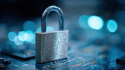 Close-up of a metallic padlock securing a computer circuit board with blurred glowing background.