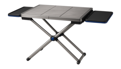 Folding table with heat-resistant tiles and collapsible side trays