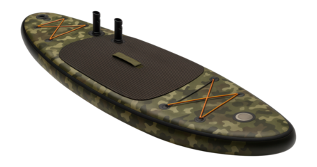 Inflatable SUP board with camouflage print and fishing rod holders for angling trips