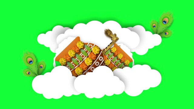 peacock feathers, decorated pot and golden flute in clouds on green screen. concept for janmashtami festival.
