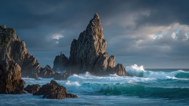 Majestic ocean waves crashing against rugged rocky cliffs during stormy weather.