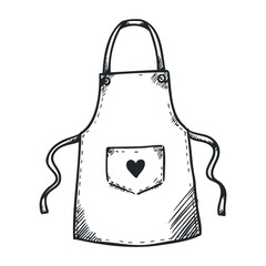 Simple sketch of kitchen apron with heart pocket design. Hand drawn vector illustration