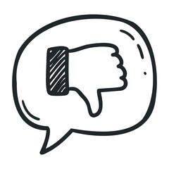 Thumbs down symbol in speech bubble for disapproval or dislike communication. Hand drawn vector illustration