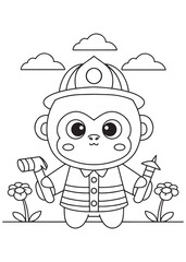 Coloring book firefighter monkey in uniform.