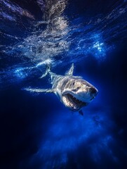 A close-up shot of the great white shark's head, its wide-open mouth filled with sharp teeth glistening in the sunlight as it glides through the blue water, generated image
