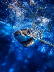 A close-up shot of the great white shark's head, its wide-open mouth filled with sharp teeth glistening in the sunlight as it glides through the blue water, generated image