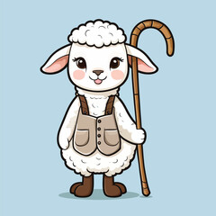 Adorable Sheep Vector Illustration: A charming cartoon sheep character with a staff, presented in a cute and whimsical style, ideal for children's books, educational resources, and decorative © Diyal