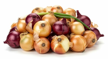 Pile of red and yellow onions with green onions on top.