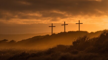 Obraz premium Three Crosses on a Hill During Sunset with Dramatic Cloudy Sky in Warm Tones.