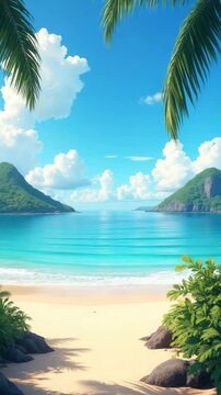 Beautiful summer background with paradise beach, calm sea, palm trees, mountains and cloudscape, aerial drone shot
