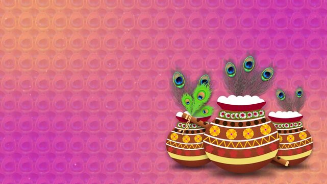 decorated pot, flute and peacock feathers animation with copy space for indian traditional janmashtami festival greetings and blessings.