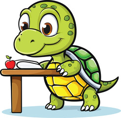 Obraz premium Cartoon Turtle Studying with Apple - Cute Animal Character for Educational Materials, Children's Books, and Encouraging Learning