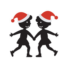 Kids Ice Skating With Santa Hats Silhouette Art