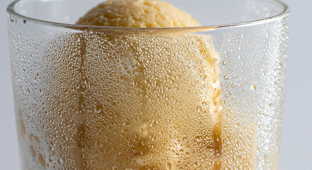 Extreme close-up of a fizzy ice cream float. Macro shot of vanilla ice cream in soda, with cold condensation droplets on the glass. A classic, refreshing summer dessert or beverage.
