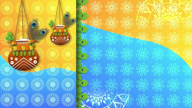 Two swinging dahi handi on colorfull background with traditional patterns and peacock feathers. Concept for janmashtami festival celebration.