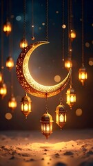 Crescent moon and lanterns, glowing softly