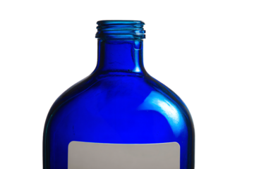 a blue bottle with a label on it