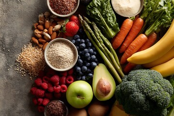 Plant-based diet ingredients, including fresh vegetables, fruits, and grains, highlighting a nutritious and sustainable way of eating.