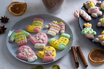 Christmas marshmallows. Winter candy. Sweet food for ugly sweater party in december