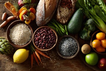 Plant-based diet ingredients, including fresh vegetables, fruits, and grains, highlighting a nutritious and sustainable way of eating.