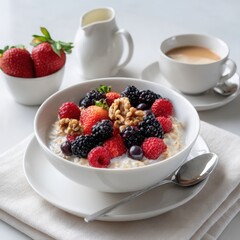 Bowl of oatmeal with mixed berries and walnuts next to coffee