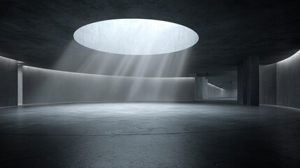 Modern futuristic interior space with large oval skylight natural light minimal design.