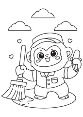 Coloring book page of a janitor monkey with broom and bucket.